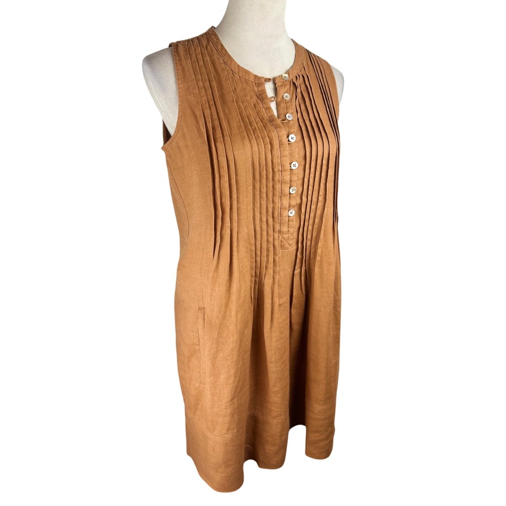 Quince Linen 100% European Linen Sleeveless Terracotta Pleated Swing Dress XS